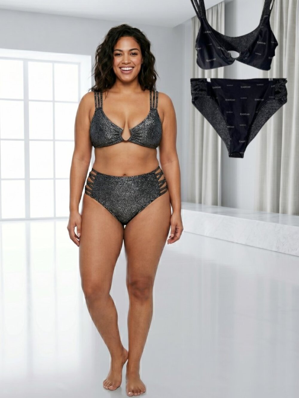 NWT Bebe Black Silver Metallic Reversible 2-Piece Bikini Swimsuit Size XL Y2K